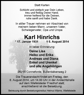Traueranzeige von Karl Hinrichs von Nordwest-Zeitung