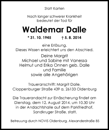 Traueranzeige von Waldemar Dalle von Nordwest-Zeitung