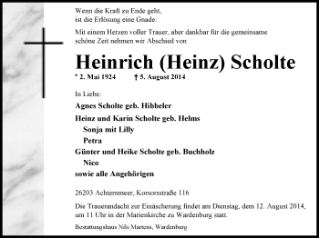Traueranzeige von Heinrich Scholte von Nordwest-Zeitung