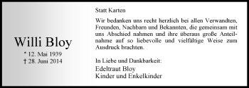 Traueranzeige von Willi Bloy von Nordwest-Zeitung