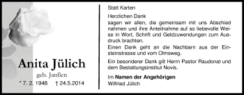 Traueranzeige von Anita Jülich von Nordwest-Zeitung