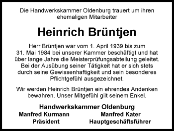 Traueranzeige von Heinrich Brüntjen von Nordwest-Zeitung