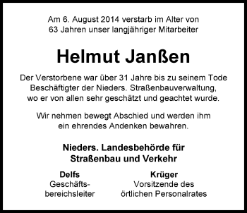 Traueranzeige von Helmut Janßen von Nordwest-Zeitung