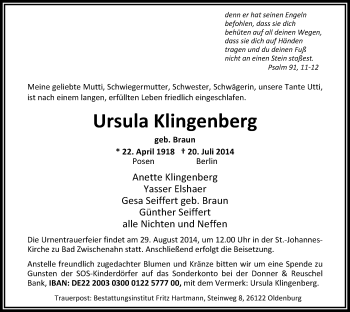 Traueranzeige von Ursula Klingenberg von Nordwest-Zeitung