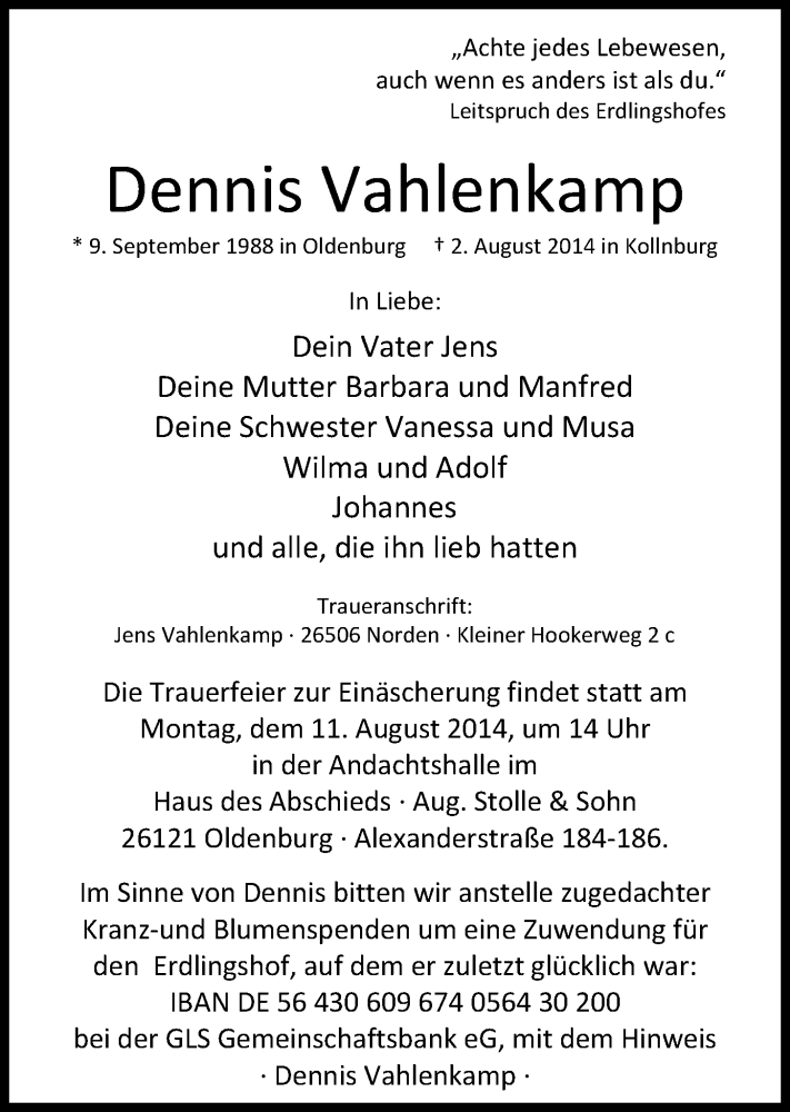  Traueranzeige für Dennis Vahlenkamp vom 09.08.2014 aus Nordwest-Zeitung