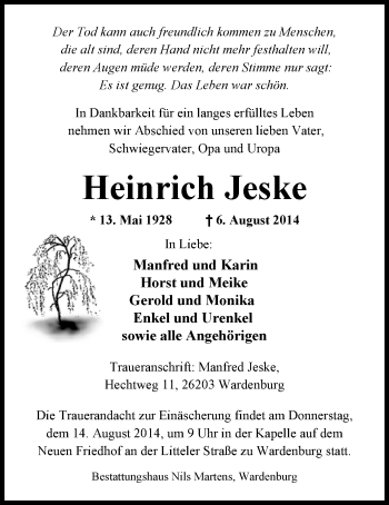 Traueranzeige von Heinrich Jeske von Nordwest-Zeitung