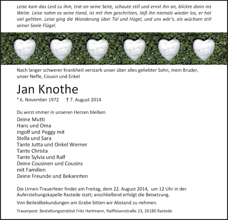  Traueranzeige für Jan Knothe vom 09.08.2014 aus Nordwest-Zeitung