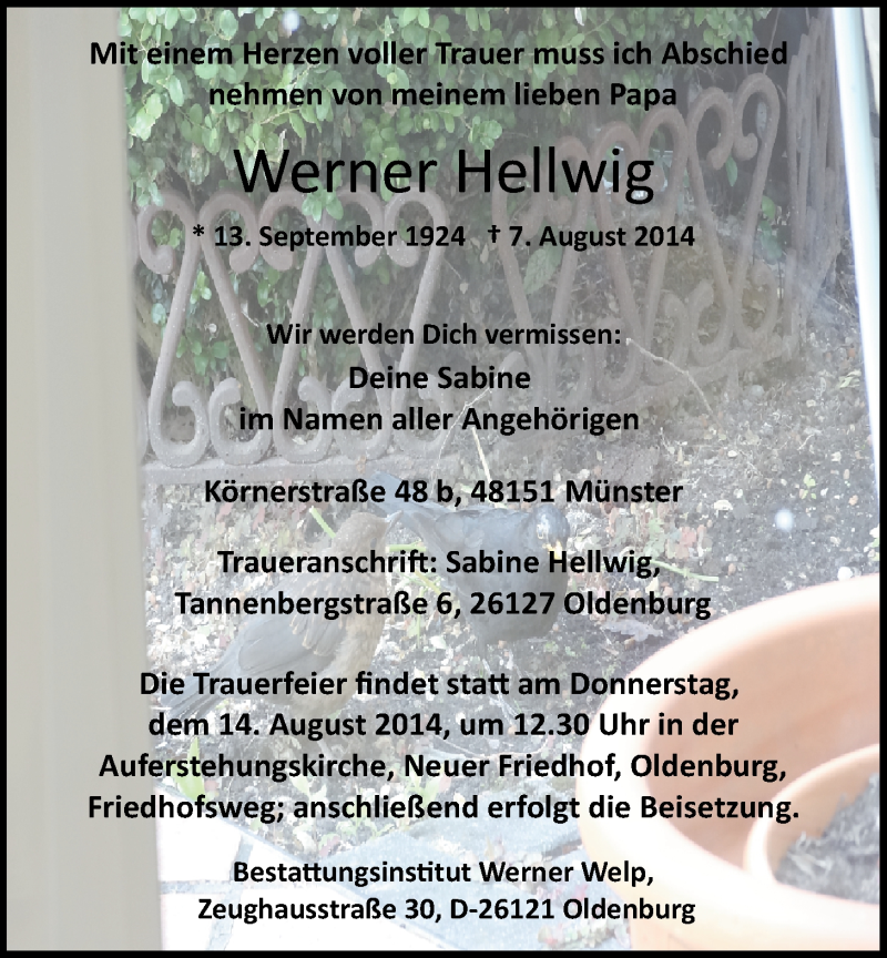  Traueranzeige für Werner Hellwig vom 11.08.2014 aus Nordwest-Zeitung