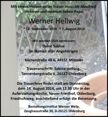Traueranzeige von Werner Hellwig von Nordwest-Zeitung