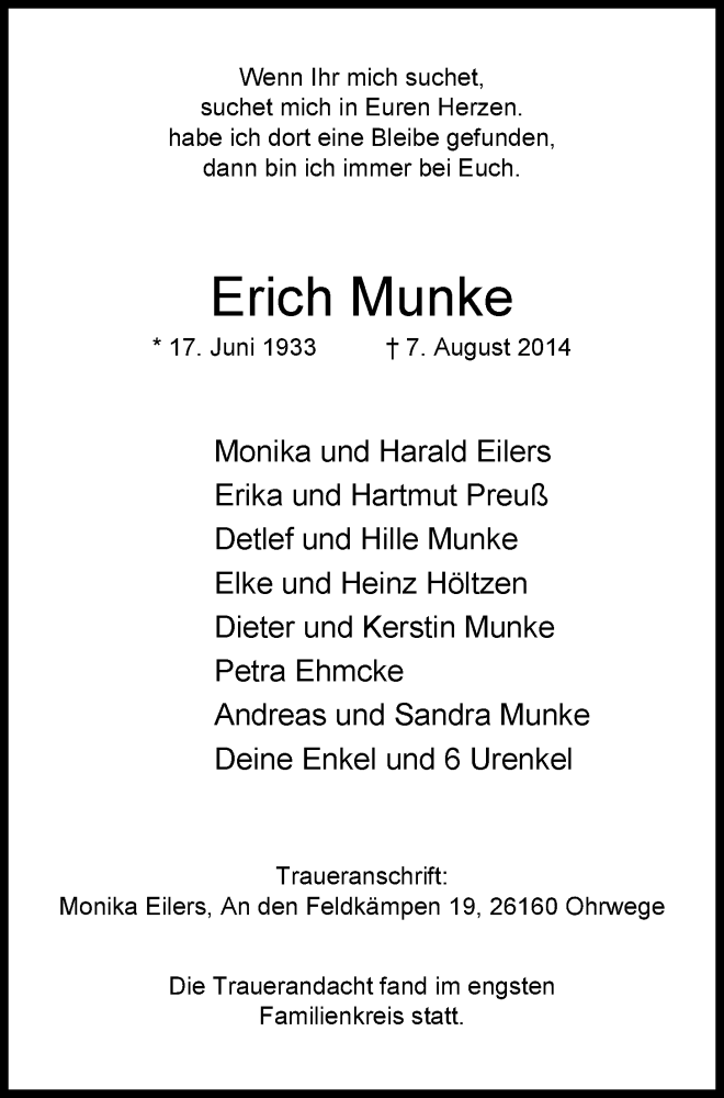  Traueranzeige für Erich Munke vom 13.08.2014 aus Nordwest-Zeitung