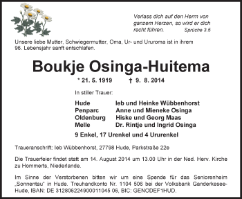 Traueranzeige von Boukje Osinga-Huitema von Nordwest-Zeitung
