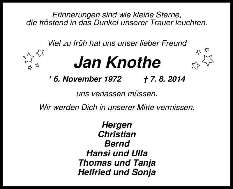  Traueranzeige für Jan Knothe vom 12.08.2014 aus Nordwest-Zeitung
