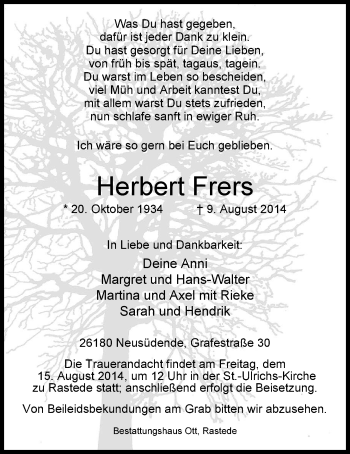 Traueranzeige von Herbert Frers von Nordwest-Zeitung