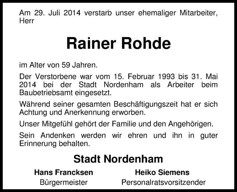 Traueranzeigen von Rainer Rohde | nordwest-trauer.de