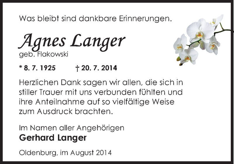  Traueranzeige für Agnes Langer vom 16.08.2014 aus Nordwest-Zeitung