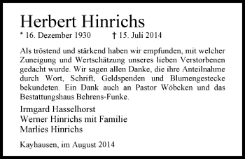 Traueranzeige von Herbert Hinrichs von Nordwest-Zeitung