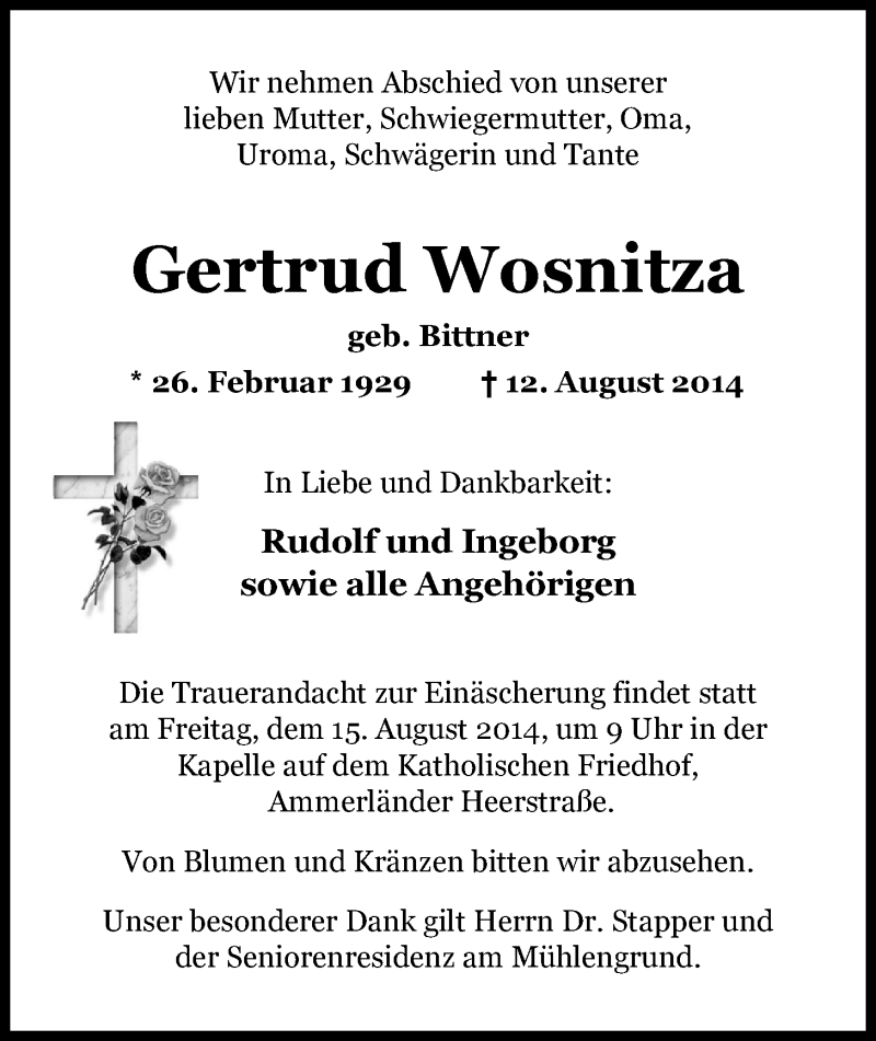  Traueranzeige für Gertrud Wosnitza vom 14.08.2014 aus Nordwest-Zeitung