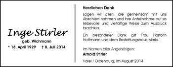 Traueranzeige von Inge Stirler von Nordwest-Zeitung