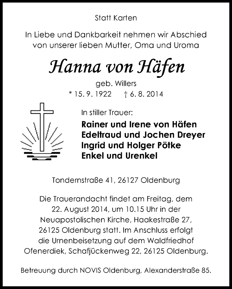  Traueranzeige für Hanna von Häfen vom 18.08.2014 aus Nordwest-Zeitung