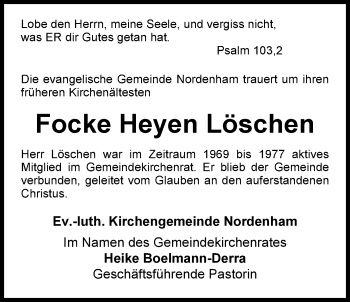 Traueranzeige von Focke Heyen Löschen von Nordwest-Zeitung