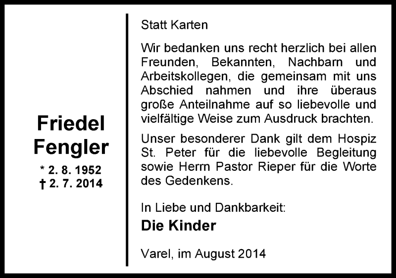  Traueranzeige für Friedel Fengler vom 16.08.2014 aus Nordwest-Zeitung