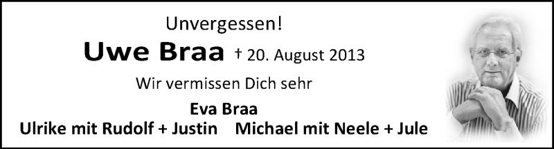 Traueranzeige für Uwe Braa vom 20.08.2014 aus Nordwest-Zeitung