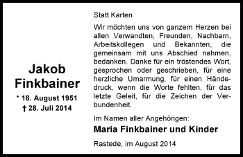 Traueranzeige von Jakob Finkbainer von Nordwest-Zeitung