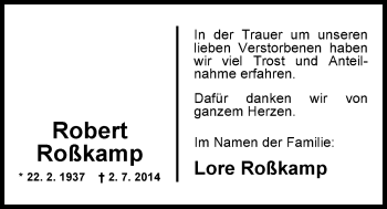 Traueranzeige von Robert Roßkamp von Nordwest-Zeitung