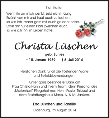Traueranzeige von Christa Lüschen von Nordwest-Zeitung