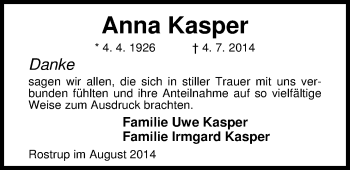 Traueranzeige von Anna Kasper von Nordwest-Zeitung