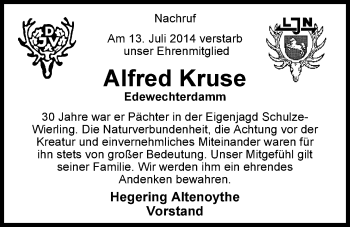 Traueranzeige von Alfred Kruse von Nordwest-Zeitung