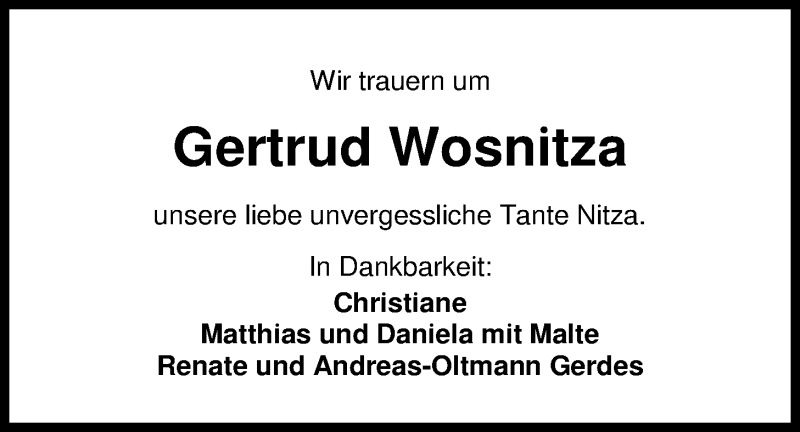  Traueranzeige für Gertrud Wosnitza vom 15.08.2014 aus Nordwest-Zeitung