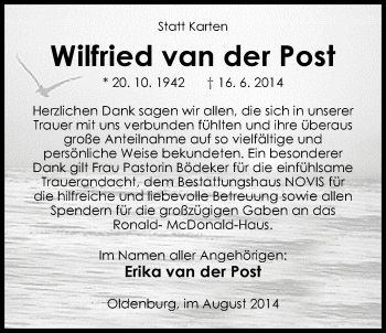 Traueranzeige von Wilfried van der Post von Nordwest-Zeitung