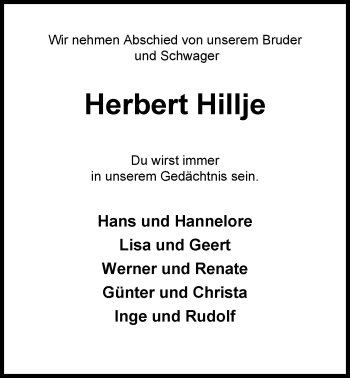 Traueranzeige von Herbert Hillje von Nordwest-Zeitung