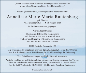 Traueranzeige von Anneliese Marie Marta Rautenberg von Nordwest-Zeitung