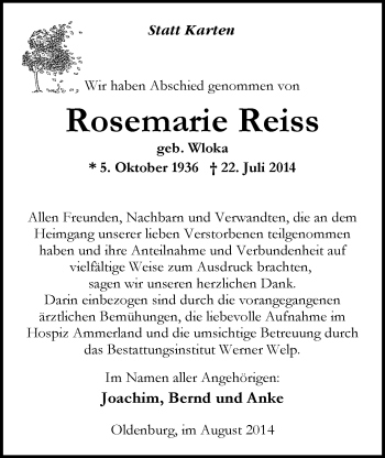 Traueranzeige von Rosemarie Reiss von Nordwest-Zeitung