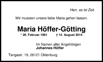 Traueranzeige von Maria Höffer-Götting von Nordwest-Zeitung