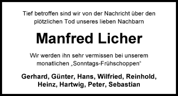 Traueranzeige von Manfred Licher von Nordwest-Zeitung