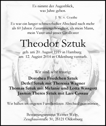 Traueranzeige von Theodor Sztuk von Nordwest-Zeitung