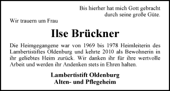 Traueranzeige von Ilse Brückner von Nordwest-Zeitung