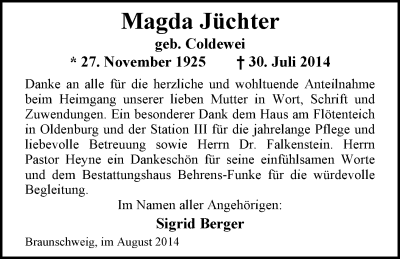  Traueranzeige für Magda Jüchter vom 20.08.2014 aus Nordwest-Zeitung