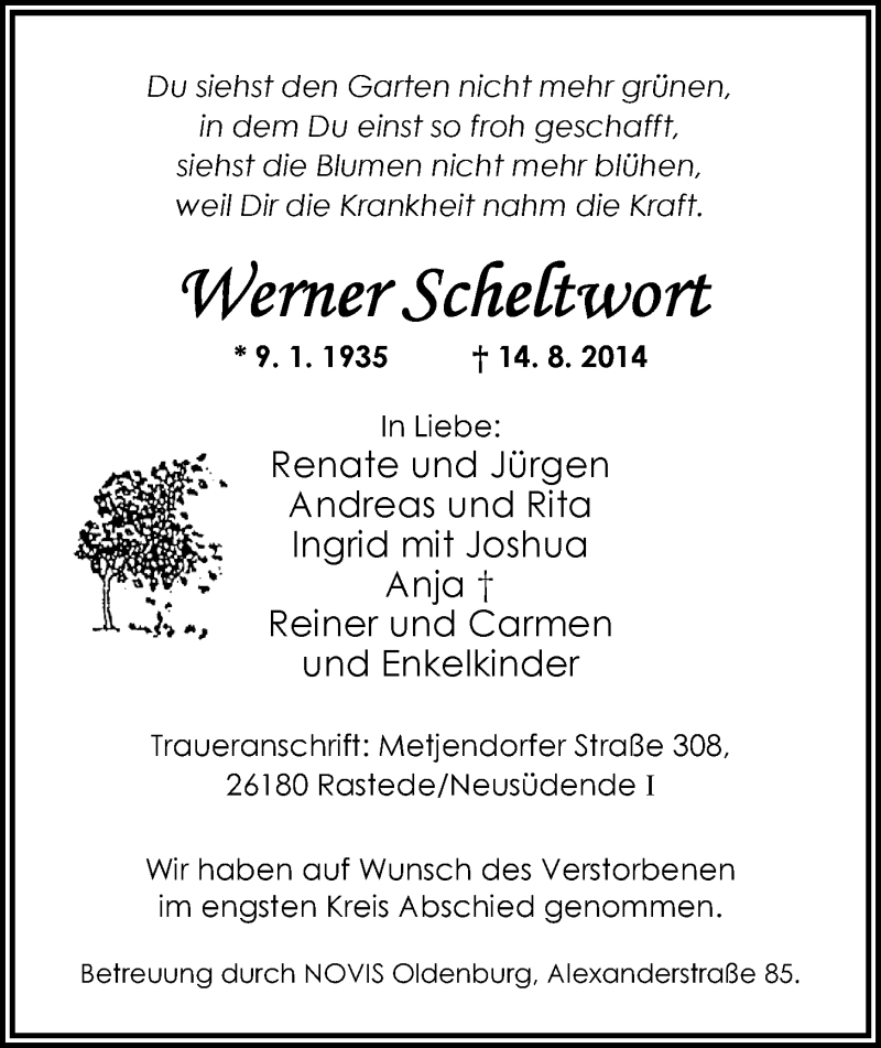  Traueranzeige für Werner Scheltwort vom 22.08.2014 aus Nordwest-Zeitung