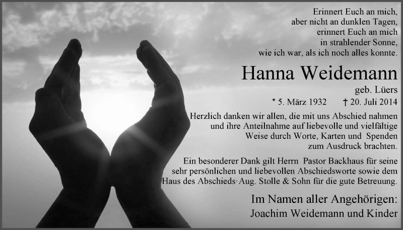  Traueranzeige für Hanna Weidemann vom 23.08.2014 aus Nordwest-Zeitung