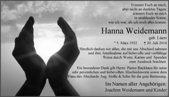 Traueranzeige von Hanna Weidemann von Nordwest-Zeitung