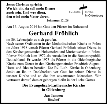 Traueranzeige von Gerhard Fröhlich von Nordwest-Zeitung