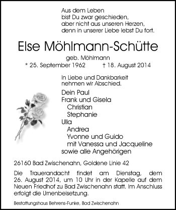 Traueranzeige von Else Möhlmann-Schütte von Nordwest-Zeitung