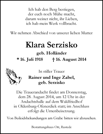 Traueranzeige von Klara Serzisko von Nordwest-Zeitung