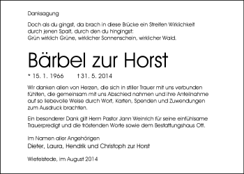 Traueranzeige von Bärbel zur Horst von Nordwest-Zeitung