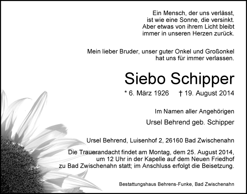  Traueranzeige für Siebo Schipper vom 21.08.2014 aus Nordwest-Zeitung