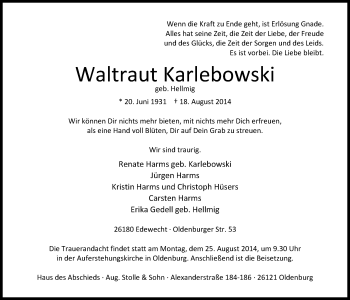 Traueranzeige von Waltraut Karlebowski von Nordwest-Zeitung